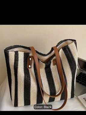 Black and Cream Striped Tote Bag with Brown Handles